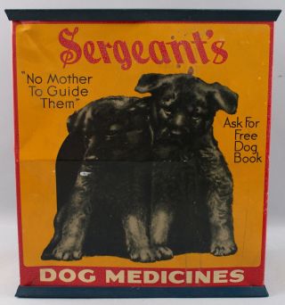 Antique Sergeants Dog Medicine Tin - Litho Display Case,  German Shepherd Puppies 2