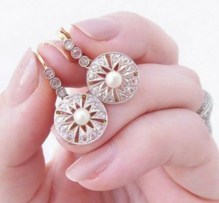 18ct gold rose cut diamond earrings,  natural pearl art deco period boxed 18k 750 2
