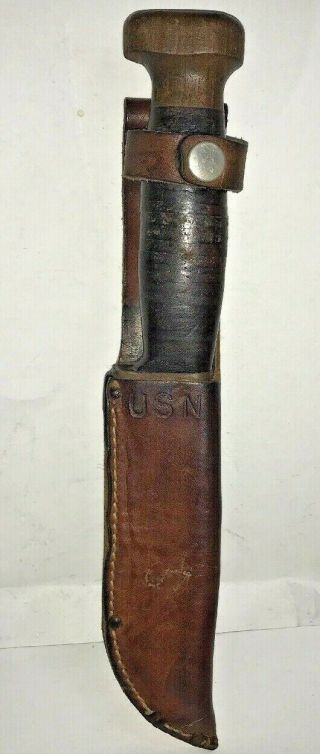 Ww Ii Usn Mk 1 Knife Pal Rh 35 W/ Wood Pommel And Leather Sheath