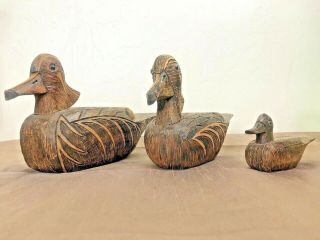 Hand Carved Wooden Wild Ducks Set Of 3 Initialed Srw