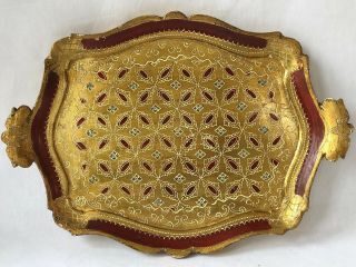 Vintage Italian Florentine Toleware Ornate Red Gold Gilt Tray With Handles 16.  5 "