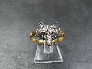 Vintage 18ct Gold & Silver Rose Diamond Set Fox Head Ruby Eyes Ring C.  1960