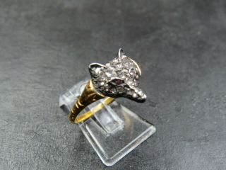 VINTAGE 18ct gold & SILVER ROSE DIAMOND SET FOX HEAD RUBY EYES RING C.  1960 2