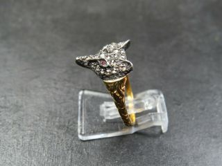 VINTAGE 18ct gold & SILVER ROSE DIAMOND SET FOX HEAD RUBY EYES RING C.  1960 5