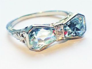 Art Deco Milgrain Bow Shaped Aquamarine Old Mine Cut Diamond Ring 18k Filigree
