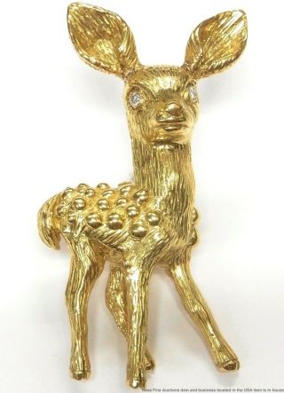 Huge 18k Gold Bright Diamond Eye Deer Doe Pin 25.  9gr Fine Carved Numbered