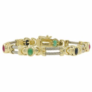 Ladies 14k Two - Tone Gold Red,  Green & Blue Spinel & Emerald Gemstone Bracelet
