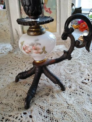 Antq Victorian Iron Leg Chamberstick Candlestick Milk Glass Cosmos Flower Font