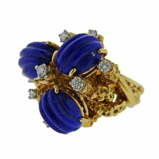 Estate Vintage 1970s Birks 18k Gold VS Diamond Carved Lapis Form Ring 2