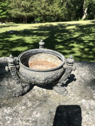 Antique Pewter Oil Lamp Base Lions Heads