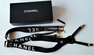 Chanel Authentic Vintage Black / White Logo Suspenders Belt Gold Tone Hardwares