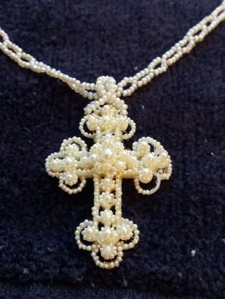 Enchanting Antique Victorian Ca 1860 Seed Pearl Cross Necklace