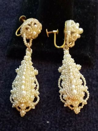 Breathtaking Antique Victorian Ca 1860 Seed Pearl - 14k Articulated Drop Screw.