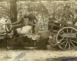 Port.  Photo: Fun Studio Pic German Soldiers Posed W/ Wooden Horse & Cart; 1915