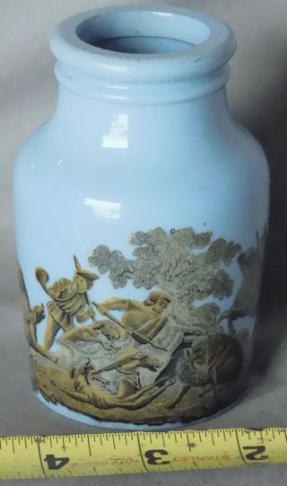 Antique English Prattware Mustard Jar C 1860 Blue Gold Transfers Boar Hunt Dogs