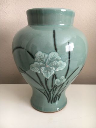 Ceramic Large Chinese Celadon Green Glaze Vase Signed