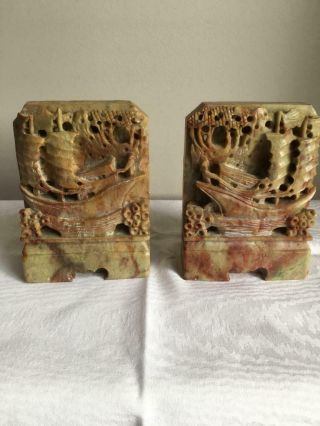 Antique Chinese Carved Sculptural Soapstone Bookends Figural Boats,  Ships Vintag