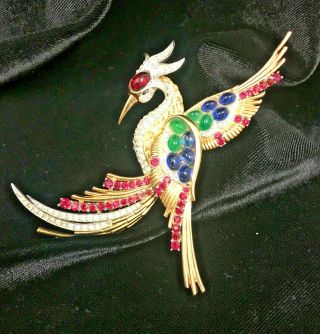 Rare Vintage Boucher Signed Brooch Large Colorful Bird Rhinestones Cabochons
