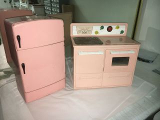 Tin Litho Toy Pink Kitchen Refrigerator W/food Wolverine 50s,  Little Lady Stove
