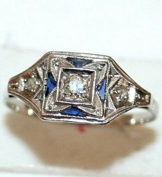 Antique Art Deco Platinum Diamond Sapphire Unique Hand Made Ring C 1920