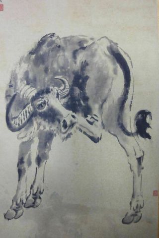 Large Very Vintage Chinese Paper Hand Painting Vivid Cow 