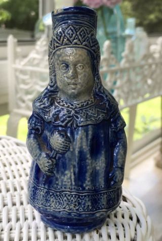 Rare Antique Blue Pottery Salt Glaze Toby Jug King Queen Figurine Lace Detailed
