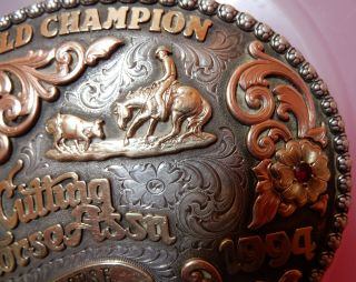 Large Sterling 10k 14k Gist Buckle NCHA World Champion National Cutting Horse 3