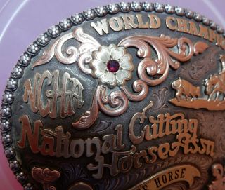 Large Sterling 10k 14k Gist Buckle NCHA World Champion National Cutting Horse 7