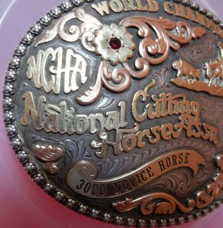 Large Sterling 10k 14k Gist Buckle NCHA World Champion National Cutting Horse 8