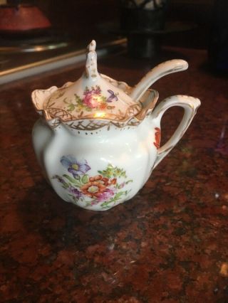 Dresden Antique Porcelain Sugar Bowl With Lid And Spoon