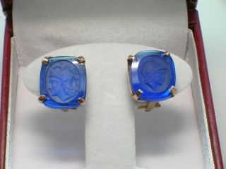 Antique 15k Rose Gold Earrings W/classical Roman Empire Blue Glass Cameos - Rare