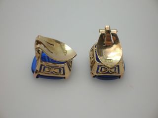 ANTIQUE 15K ROSE GOLD EARRINGS W/CLASSICAL ROMAN EMPIRE BLUE GLASS CAMEOS - RARE 3