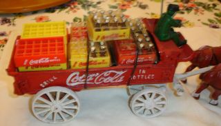 Vintage Coca Cola Cast Iron Horse Drawn Wagon With Cases And Coca Cola Bottles