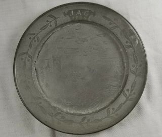Antique Primitive Pewter Plate Hand Tooled Art Design Signed & Dated 1704