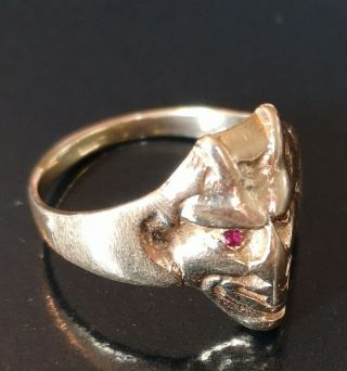 Very Rare Solid Antique Gold Art Deco Devil Face Ring With Ruby Eyes.  14 K