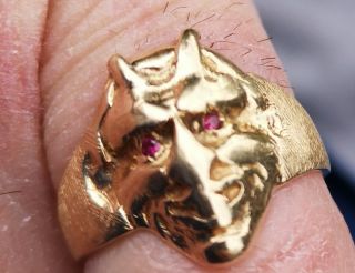 Very rare solid antique gold art deco devil face ring with Ruby eyes.  14 k 3