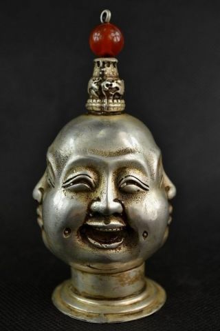 China Old Copper Plating Silver Handwork Carving 4 Face Buddha Snuff Bottle B02