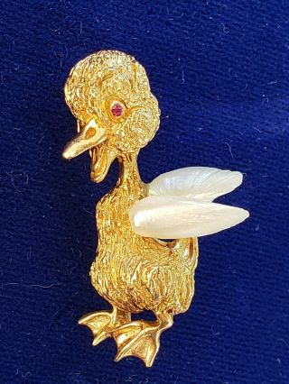 Vintage 14k Yellow Gold Pearls Ruby Eye William Ruser Duck Pin Brooch Rare