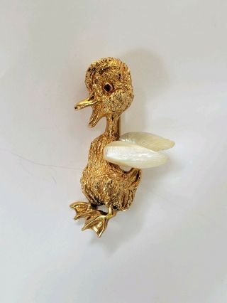 Vintage 14K Yellow gold Pearls Ruby eye William Ruser Duck Pin Brooch Rare 5
