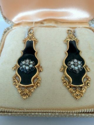 Antique French 18ct Gold Enamel Pearl & Diamond Earrings