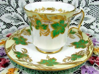 Royal Chelsea Hand Painted Green & Gold Gilt Leaves Tea Cup And Saucer