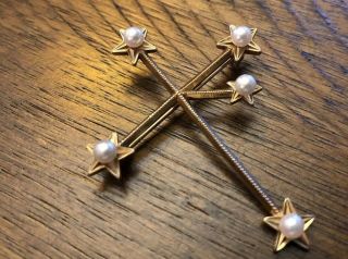 Vintage Signed Mikimoto Southern Cross Pin Brooch 14k Yellow Gold Pearls