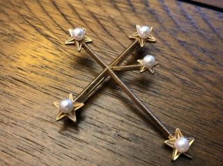 Vintage Signed Mikimoto Southern Cross Pin Brooch 14k Yellow Gold Pearls 2