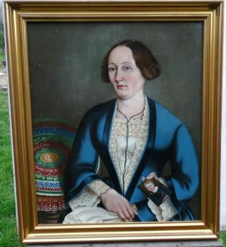 Antique Oil Painting On Canvas With Frame " Portrait Of A Noble Woman " 1700 - 1800