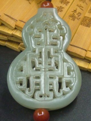 Antique Chinese Celadon Nephrite Hetian Jade Hollowed Aquarius Statue/pendants4