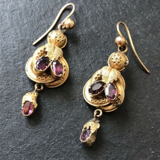 Antique Victorian Ornate Gold & Amethyst Dangle Earrings
