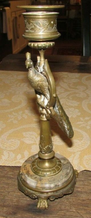 Antique Bronze & Marble French Ormolu Figural Parrot Candlestick Holder