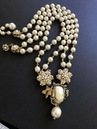 Sign Miriam Haskell Large Baroque Pearls Rhinestone 2/strands Necklace Jewelry