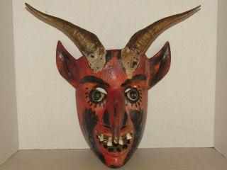 Vintage Antique Devil Satan W/ Horns Wood Carved Head Face Mask