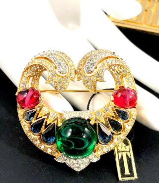 Nwt 1965 Crown Trifari Jewels Of India Emerald Cabochon Crescent Scroll Brooch